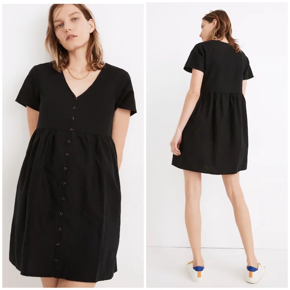 Madewell Black Short Sleeve Button-Front Mini Dress